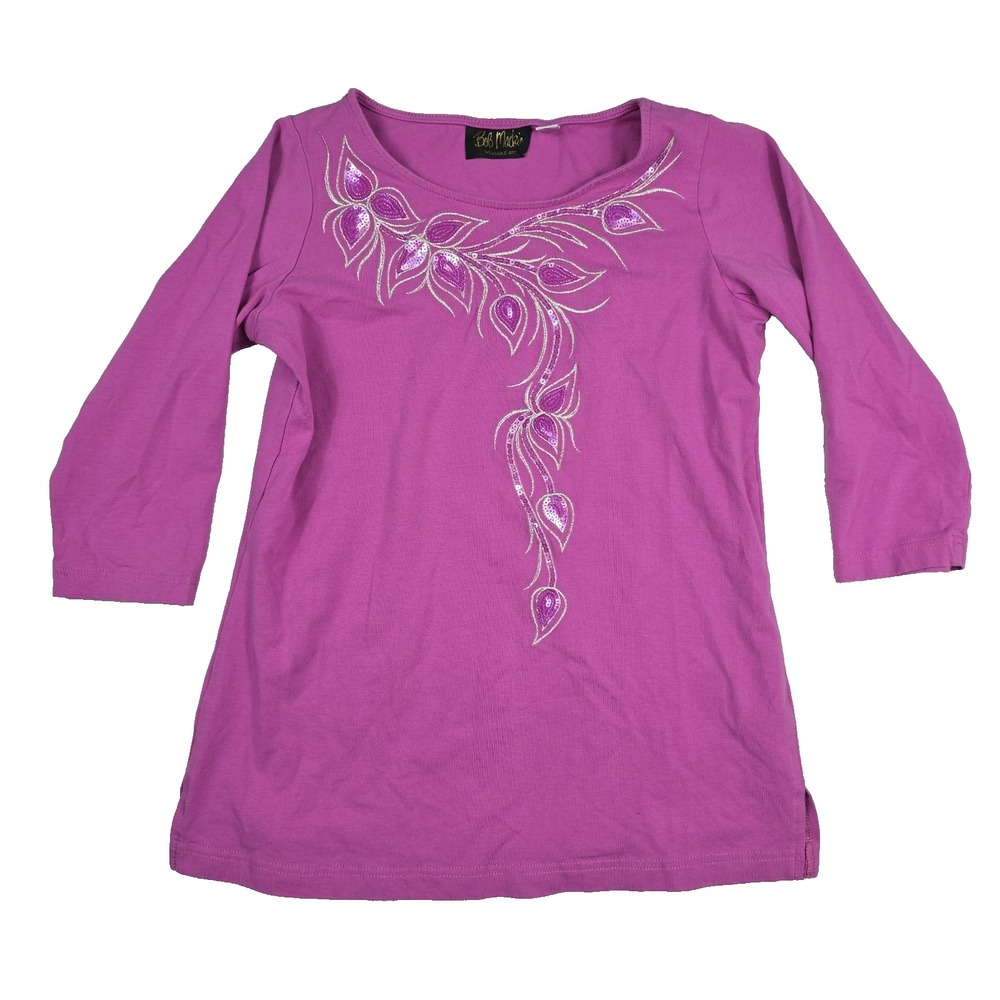 Bob Mackie Wearable Art Womens XXS Pink 3/4 Sleeve Sequin Floral Shirt